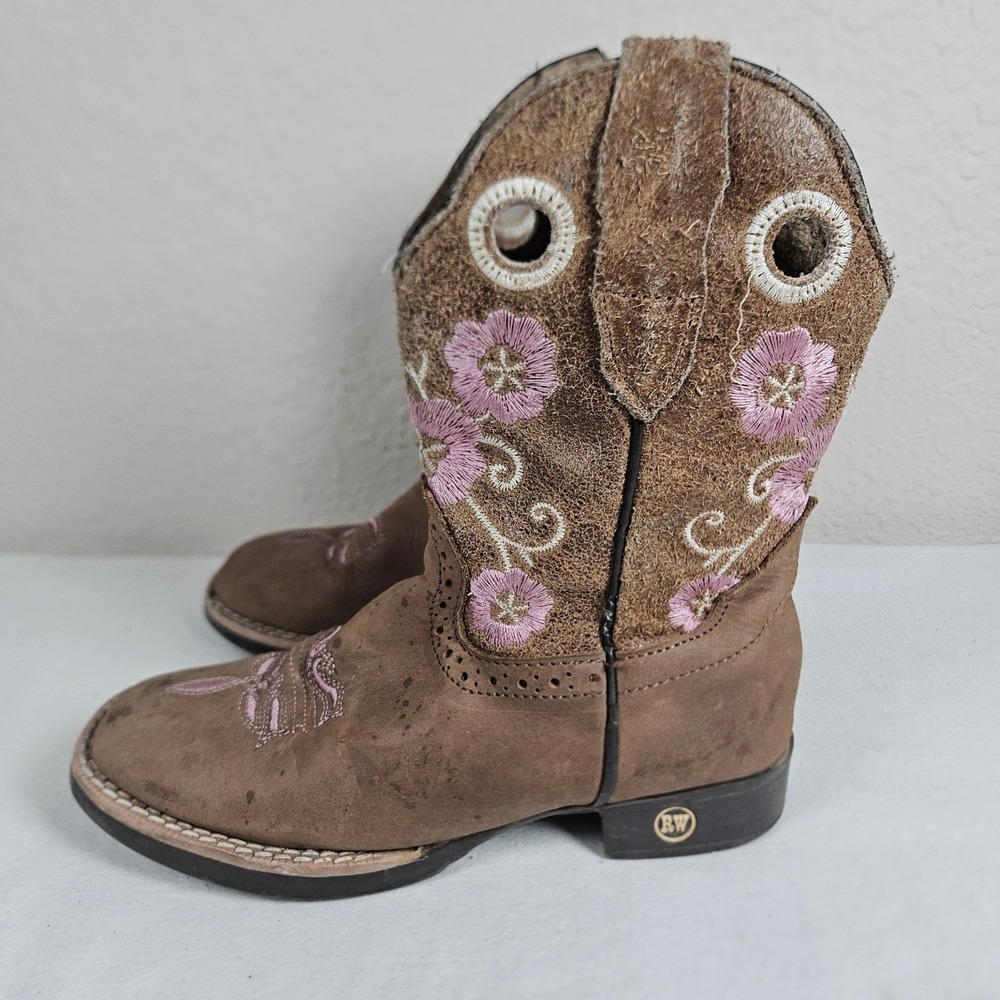 RW Kids Brown Leather Floral Embroidered Western Cowboy Boots Rear Zip Size 11.5